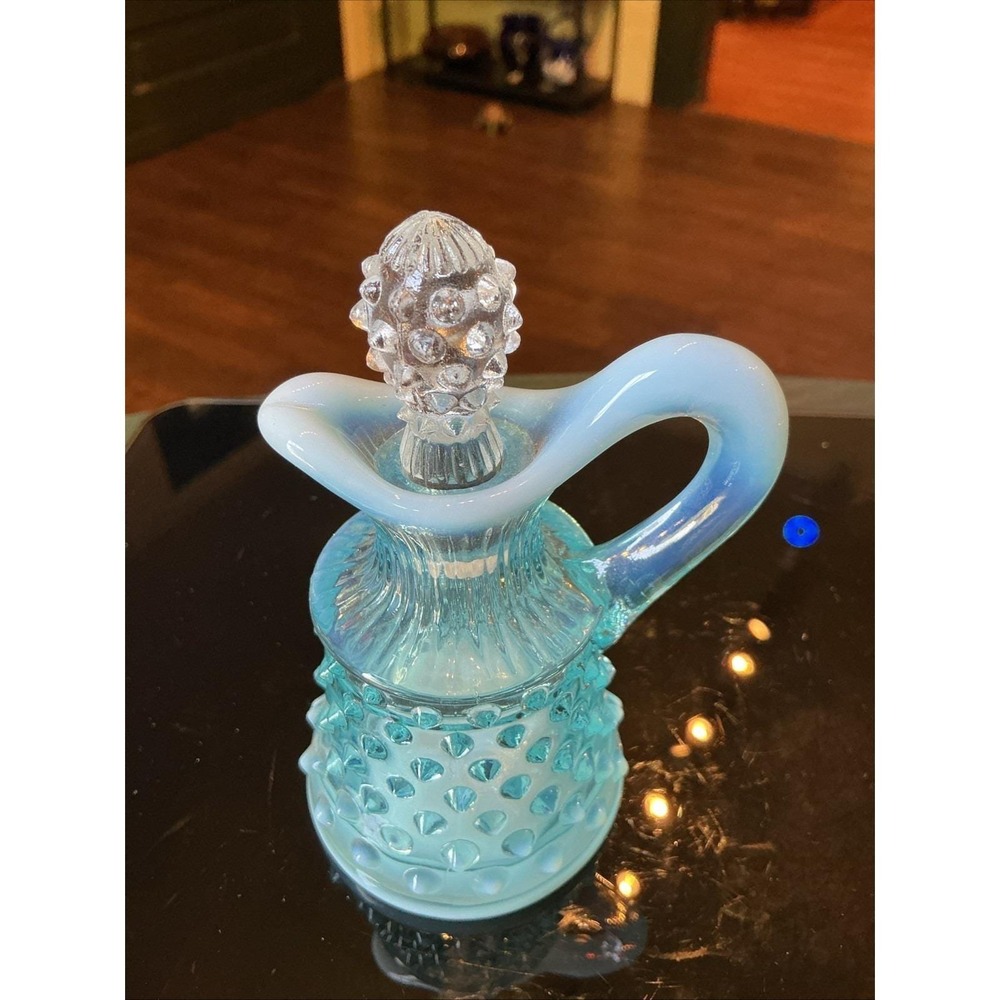 Vintage 4.5" Fenton Blue Opalescent Hobnail Cruet Original Clear Glass Stopper
